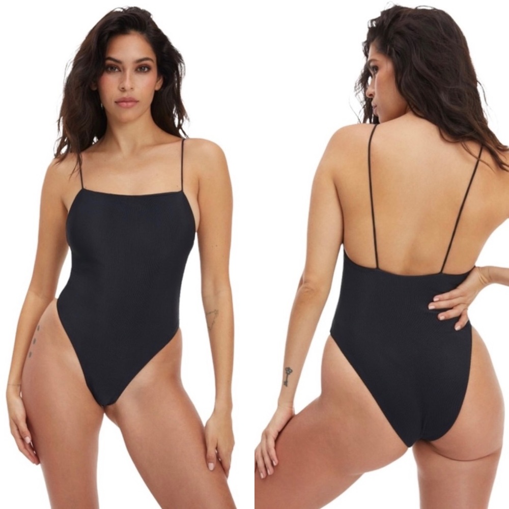 GOOD AMERICAN Womens 90s Rib One-piece Swimsuit Sz 0 US XS Black High Cut NWT